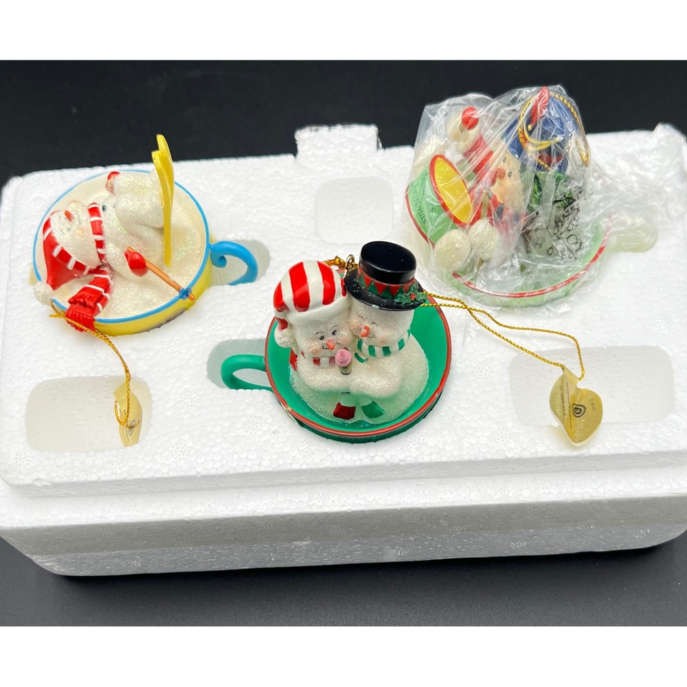 Bradford Exchange Thomas Kinkade Sweet Teas Snowman Teacup Ornaments Set 3 COA